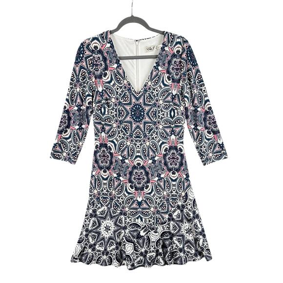 Eliza J Dress Size 8 Multicolor Paisley Print Stretch Knit Fit Flare 3/4 Sleeve - Picture 1 of 12